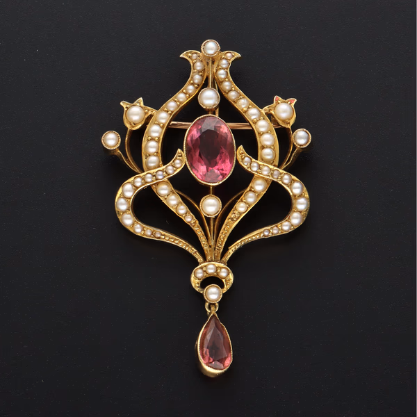 15ct Gold Seed Pearl & Gem Drop Brooch
