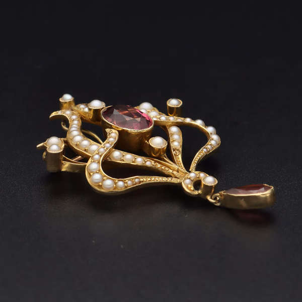 15ct Gold Seed Pearl & Gem Drop Brooch