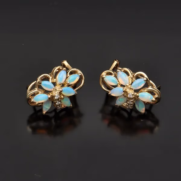 9ct Water Opal and Diamond Earrings