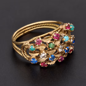 18ct Yellow Gold Lab Ruby, Tanzanite, Turquoise & Spinel Dress Ring