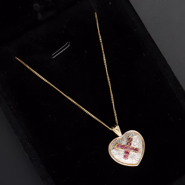 9ct Gold Diamond and Ruby Heart Pendant
