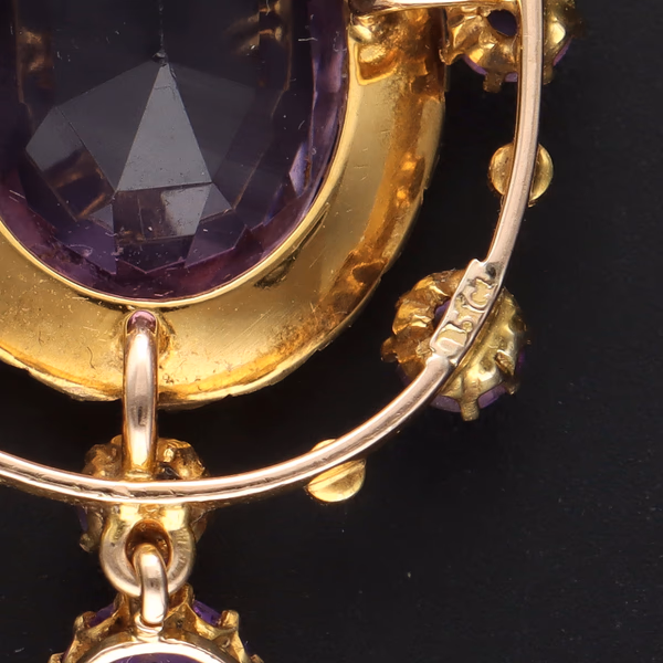 Edwardian 15ct Yellow Gold Amethyst & Pearl Cluster Pendant On Chain