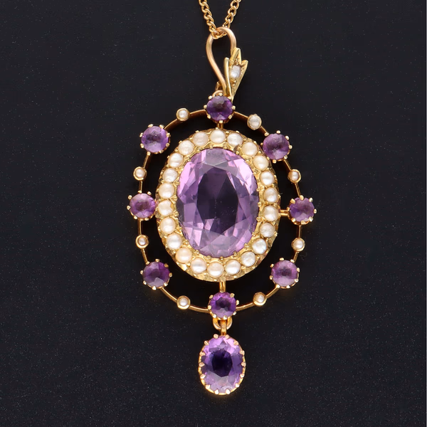 Edwardian 15ct Yellow Gold Amethyst & Pearl Cluster Pendant On Chain