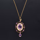 Edwardian 15ct Yellow Gold Amethyst & Pearl Cluster Pendant On Chain