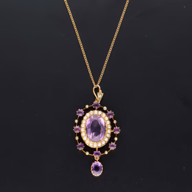 Edwardian 15ct Yellow Gold Amethyst & Pearl Cluster Pendant On Chain