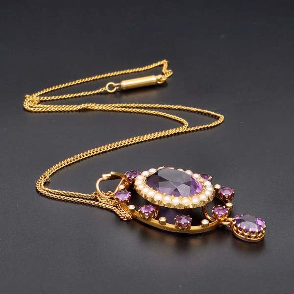 Edwardian 15ct Yellow Gold Amethyst & Pearl Cluster Pendant On Chain