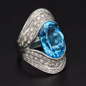 Heavy 18ct White Gold Blue Topaz & Diamond Ring