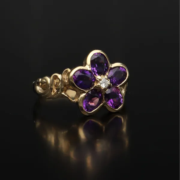 9ct Gold Amethyst Diamond Flower Ring