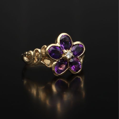 9ct Gold Amethyst Diamond Flower Ring image-1
