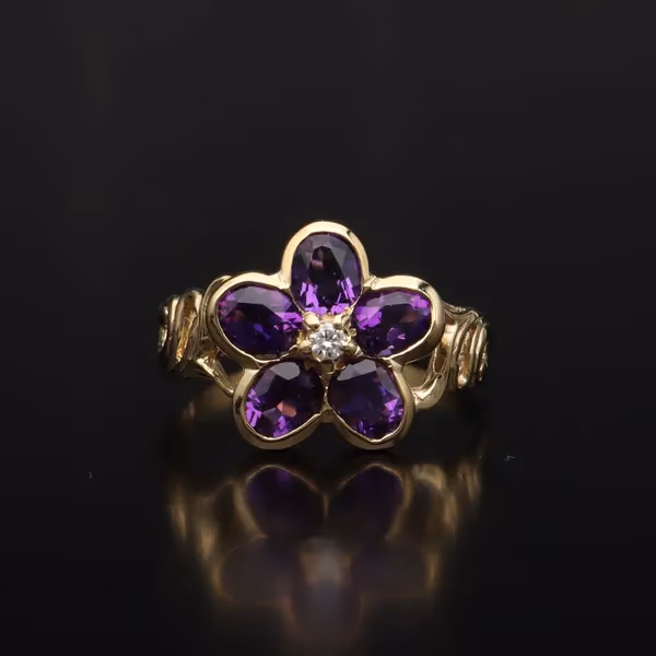 9ct Gold Amethyst Diamond Flower Ring