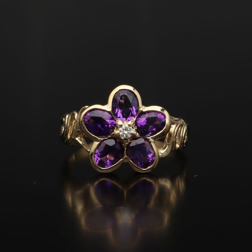 9ct Gold Amethyst Diamond Flower Ring image-2