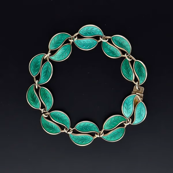 Rare David Andersen Silver and Green Guilloche Enamel Double Leaf Bracelet