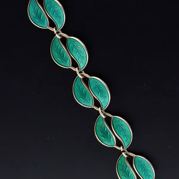 Rare David Andersen Silver and Green Guilloche Enamel Double Leaf Bracelet