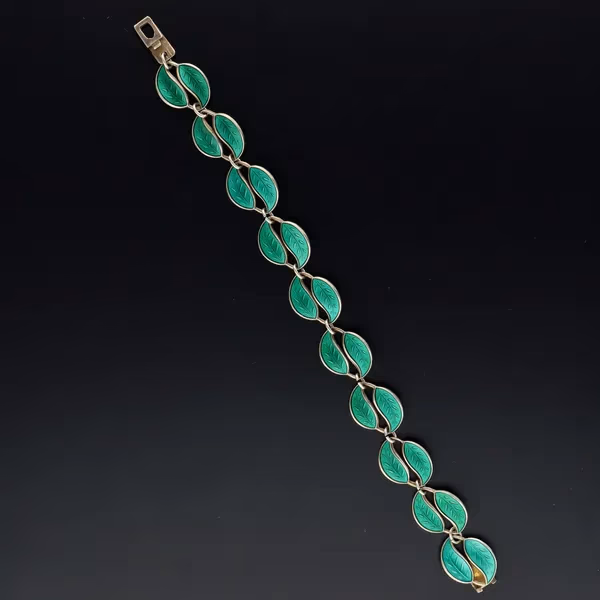 Rare David Andersen Silver and Green Guilloche Enamel Double Leaf Bracelet