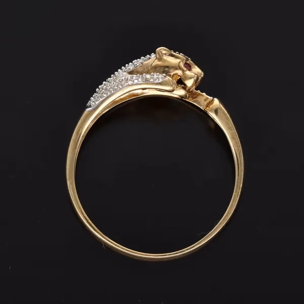 Gold Diamond Ruby Panther Ring. Size X1/2