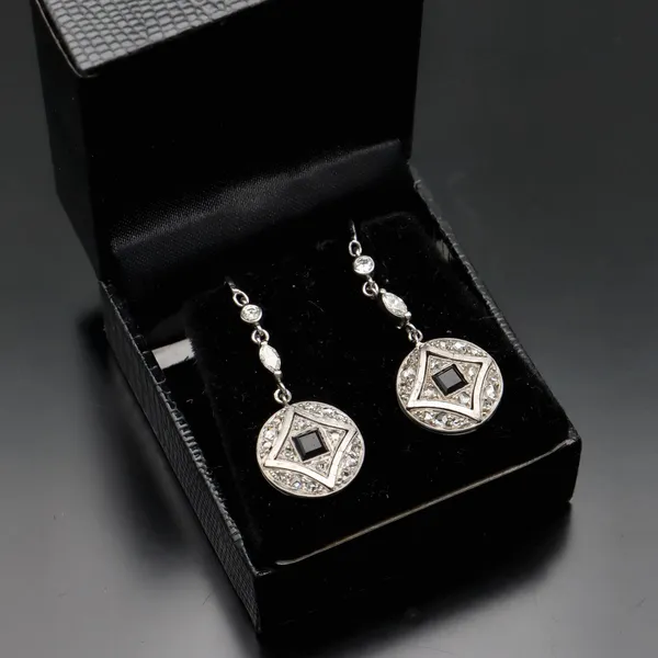 Art Deco 18ct White Gold, Diamond and Onyx Earrings