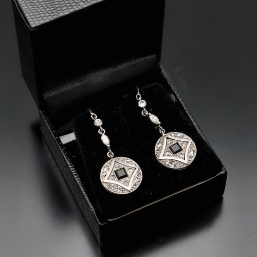 Art Deco 18ct White Gold, Diamond and Onyx Earrings image-1