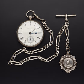H.M. Silver Pocket Watch With Long Chain & Cricket Medal