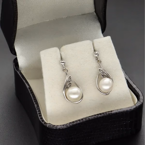 9ct White Gold Diamond & Cultured Pearl Earrings