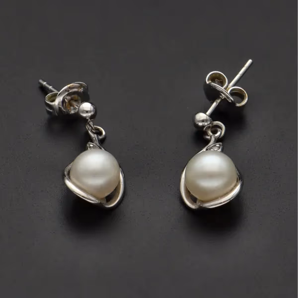 9ct White Gold Diamond & Cultured Pearl Earrings