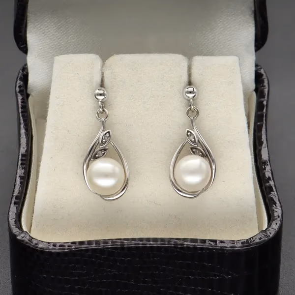 9ct White Gold Diamond & Cultured Pearl Earrings