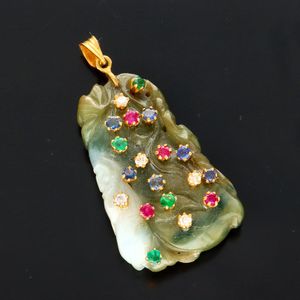 Mid Century Sapphire Diamond Ruby and Emerald Set Jade Pendant