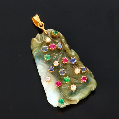 Mid Century Sapphire Diamond Ruby and Emerald Set Jade Pendant image-1