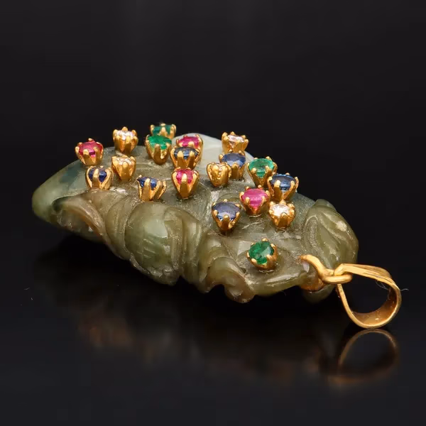 Mid Century Sapphire Diamond Ruby and Emerald Set Jade Pendant
