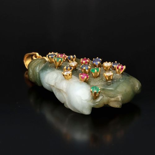 Mid Century Sapphire Diamond Ruby and Emerald Set Jade Pendant image-2