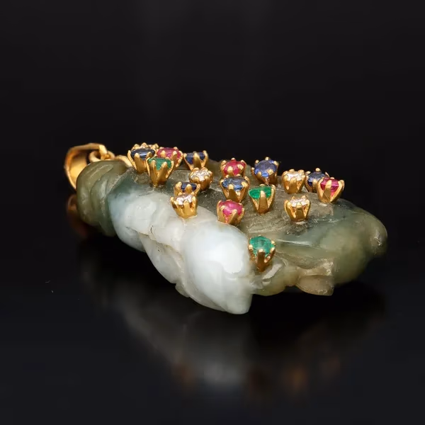 Mid Century Sapphire Diamond Ruby and Emerald Set Jade Pendant