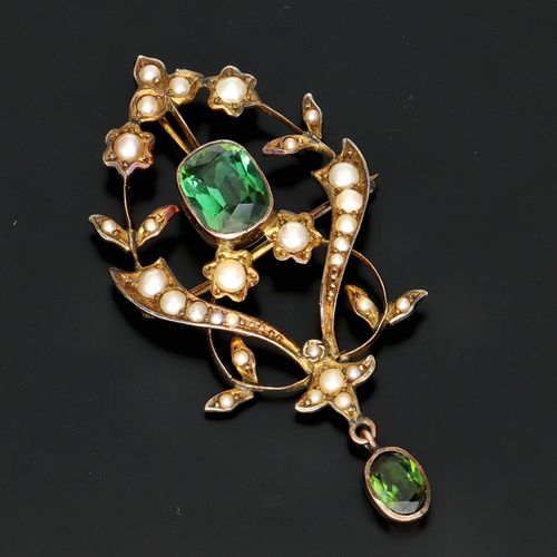 Victorian 9ct Gold Peridot and Pearl Brooch image-1
