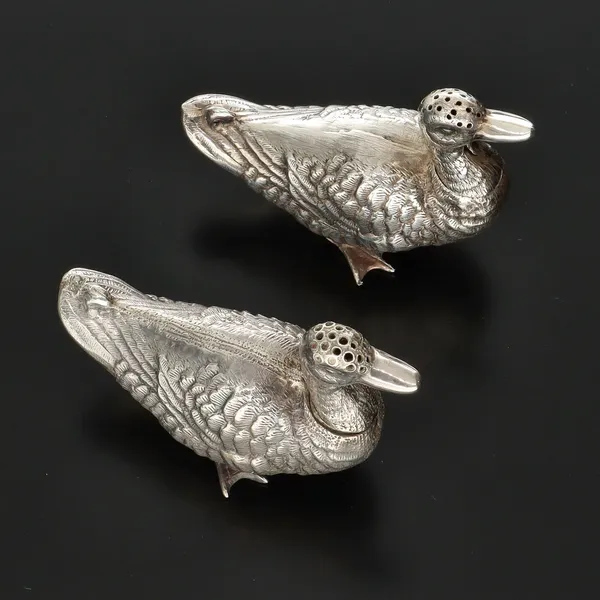 Pair of Edwardian Silver Mallard Pepperettes