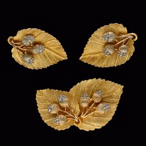 Rare Vintage Craft Leaf Brooch and Clip-on Earring Set
