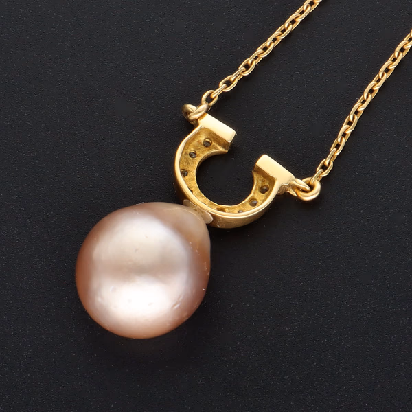 18ct Gold Pendant with Pink Pearl and Diamonds on a Chain