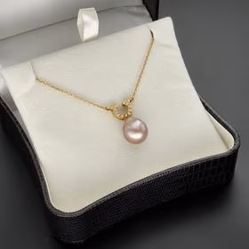 18ct Gold Pendant with Pink Pearl and Diamonds on a Chain
