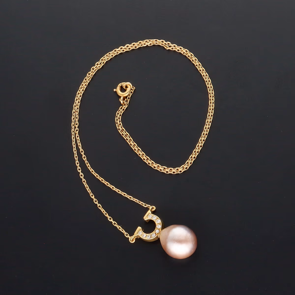 18ct Gold Pendant with Pink Pearl and Diamonds on a Chain