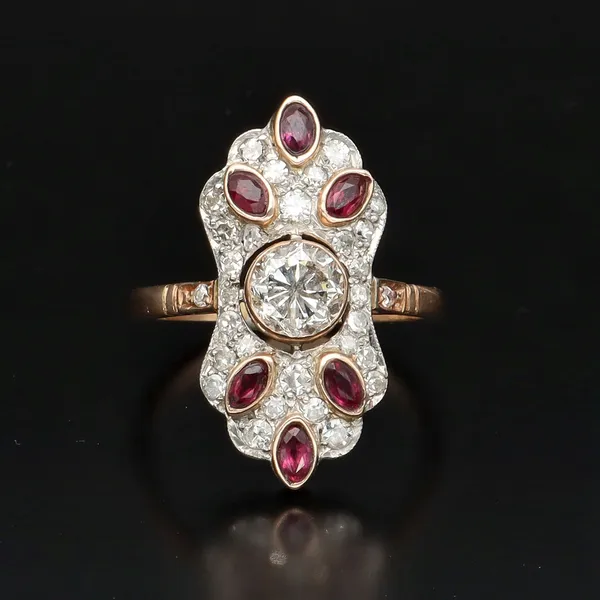 Art Deco 18ct Gold and Platinum Diamond and Ruby Ring