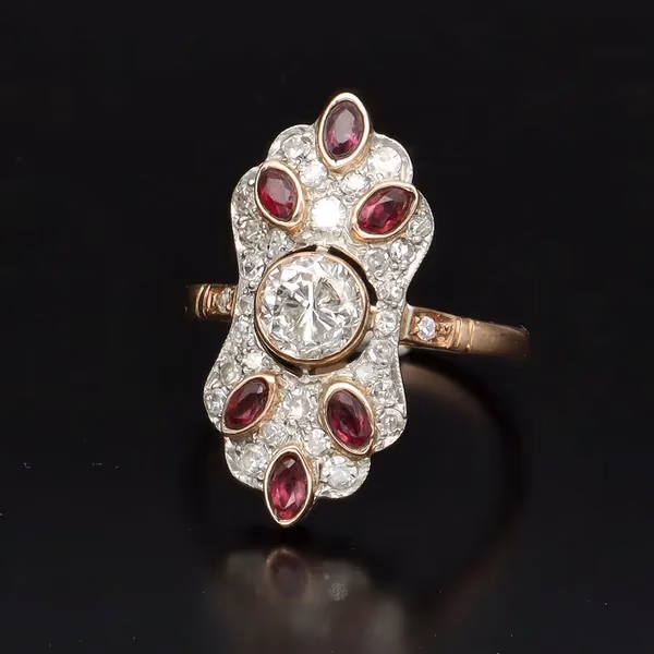 Art Deco 18ct Gold and Platinum Diamond and Ruby Ring