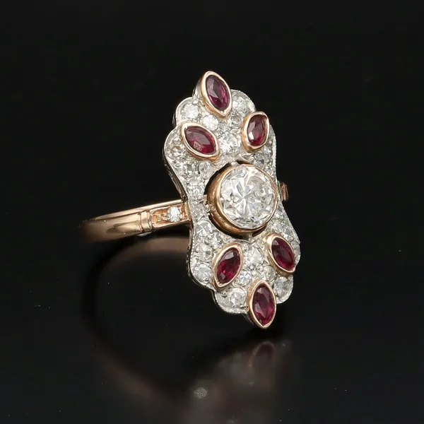 Art Deco 18ct Gold and Platinum Diamond and Ruby Ring