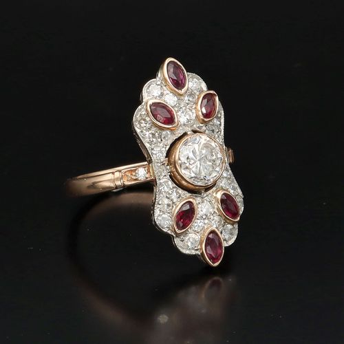 Art Deco 18ct Gold and Platinum Diamond and Ruby Ring image-1