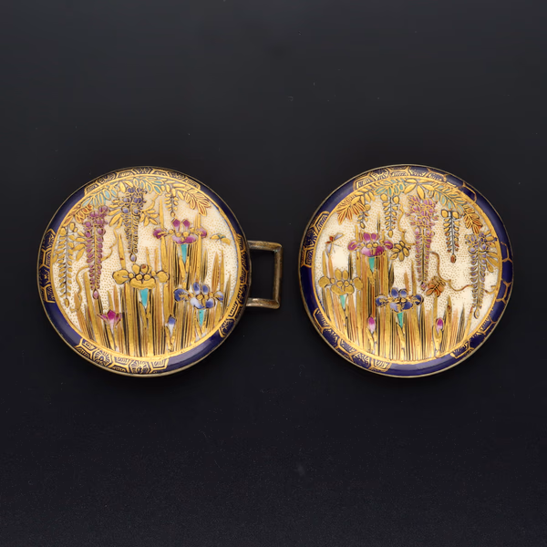 Antique Japanese Satsuma Hand Painted Two Piece Buckle
