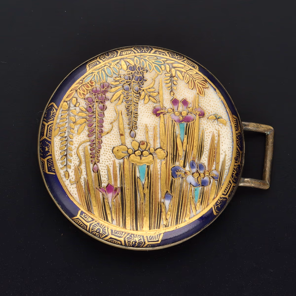 Antique Japanese Satsuma Hand Painted Two Piece Buckle