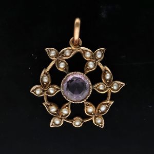 Early 20th Century 9ct Gold Amethyst and Seed Pearl Pendant