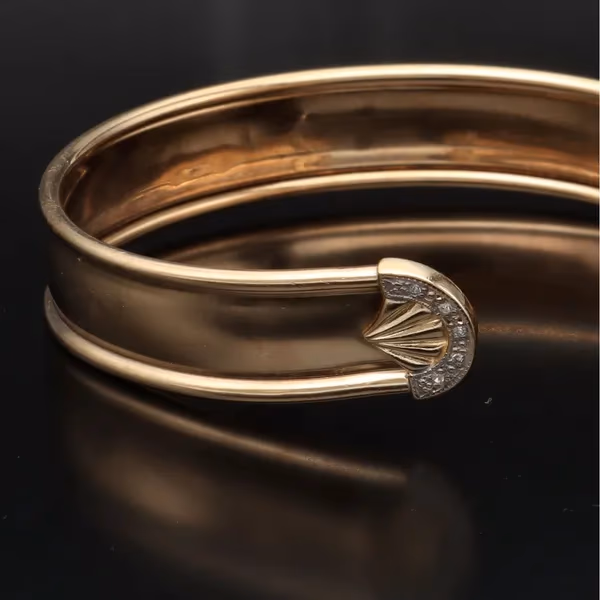9ct Gold Art Deco Style Diamond Set Cuff Bangle