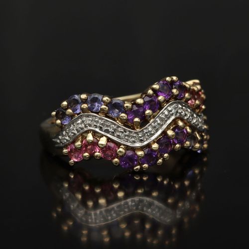 Gold Diamond Amethyst Garnet Ring image-1