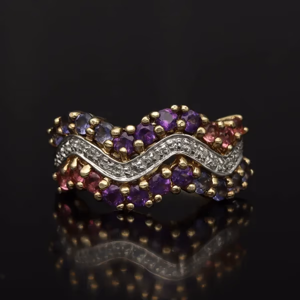Gold Diamond Amethyst Garnet Ring
