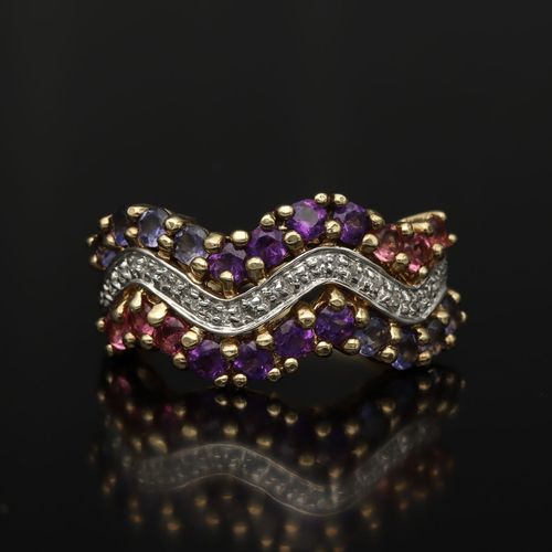 Gold Diamond Amethyst Garnet Ring image-2