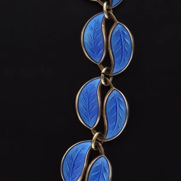 Silver & Blue Guilloche Enamel Double Leaf Necklace