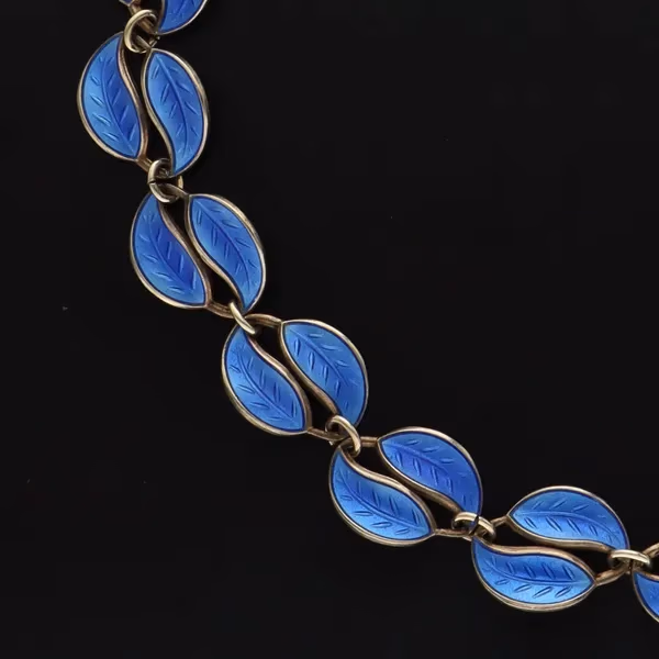 Silver & Blue Guilloche Enamel Double Leaf Necklace