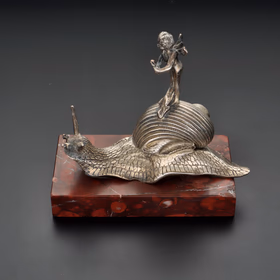 French Silver-Plated Putti On Snail Sculpture